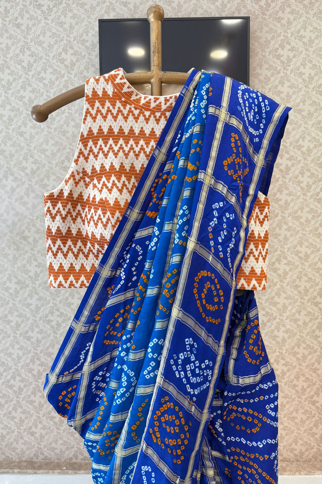Royal Blue Traditional Bandhani Print Saree with Elegant Silver Zari Weaving