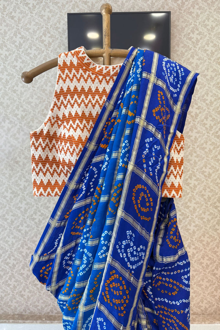 Royal Blue Traditional Bandhani Print Saree with Elegant Silver Zari Weaving