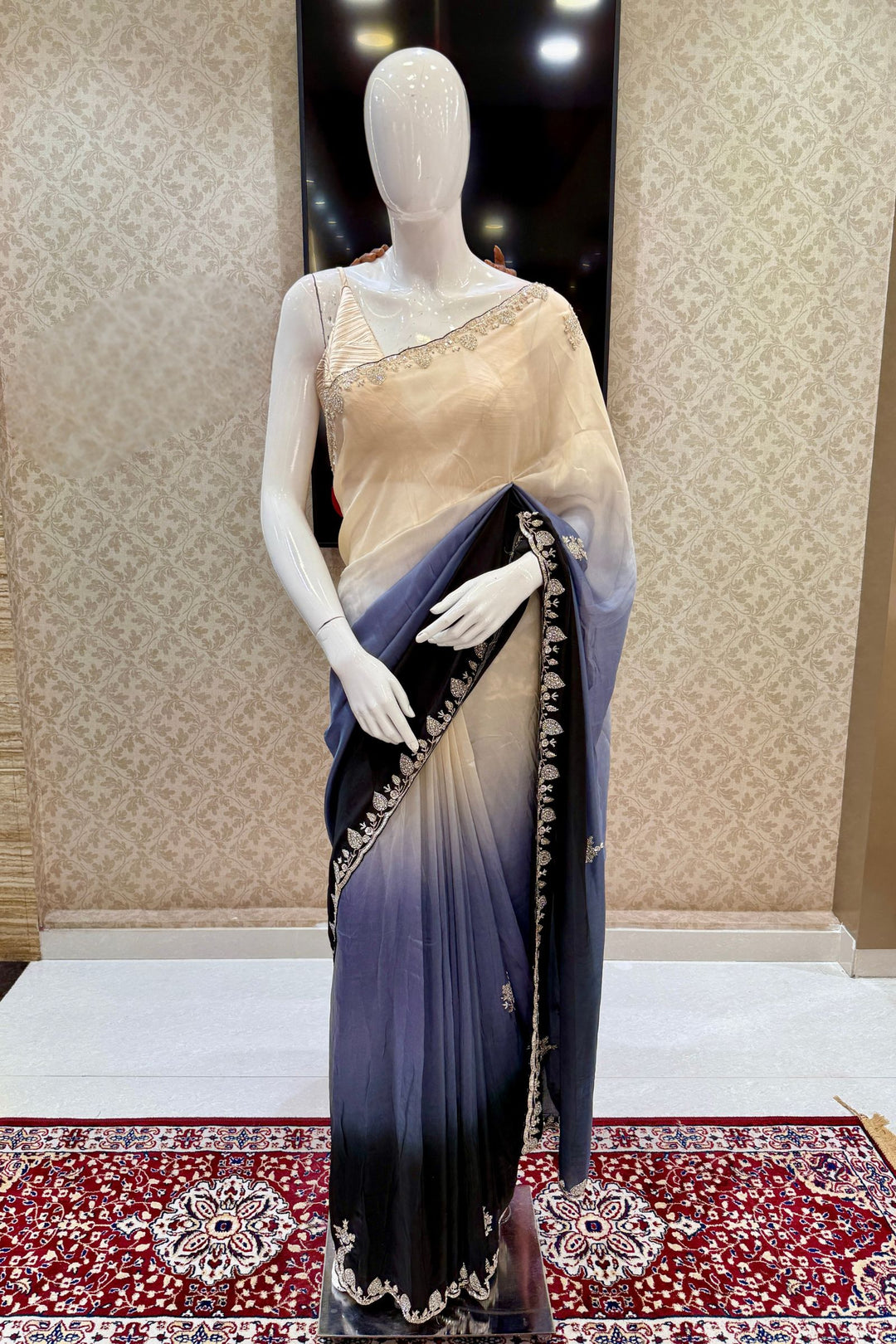 Elegant Black and Cream Saree with Stone, Beads and Sequins Detailing