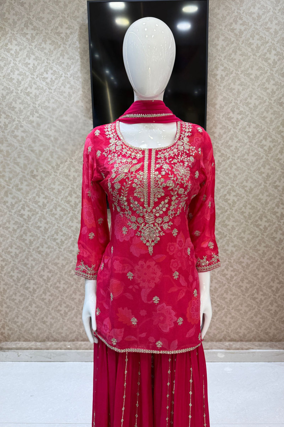 Rani Pink Sequins and Zari work with Digital Print Palazzo Salwar Suit
