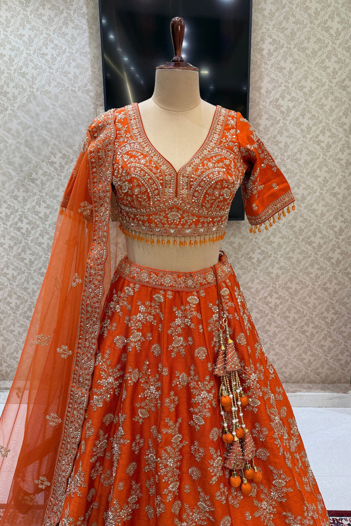 Orange Beads, Zari, Zardozi and Sequins work Crop Top Designer Bridal Lehenga with Belt