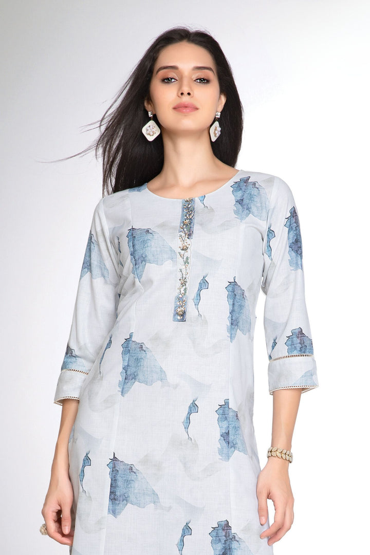 White with Blue Tie and Dye Print, Beads and Sequins work Calf Length Kurti