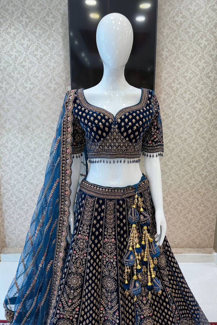 Peacock Blue Zardozi, Beads and Embroidery work Crop Top Designer Bridal Lehenga