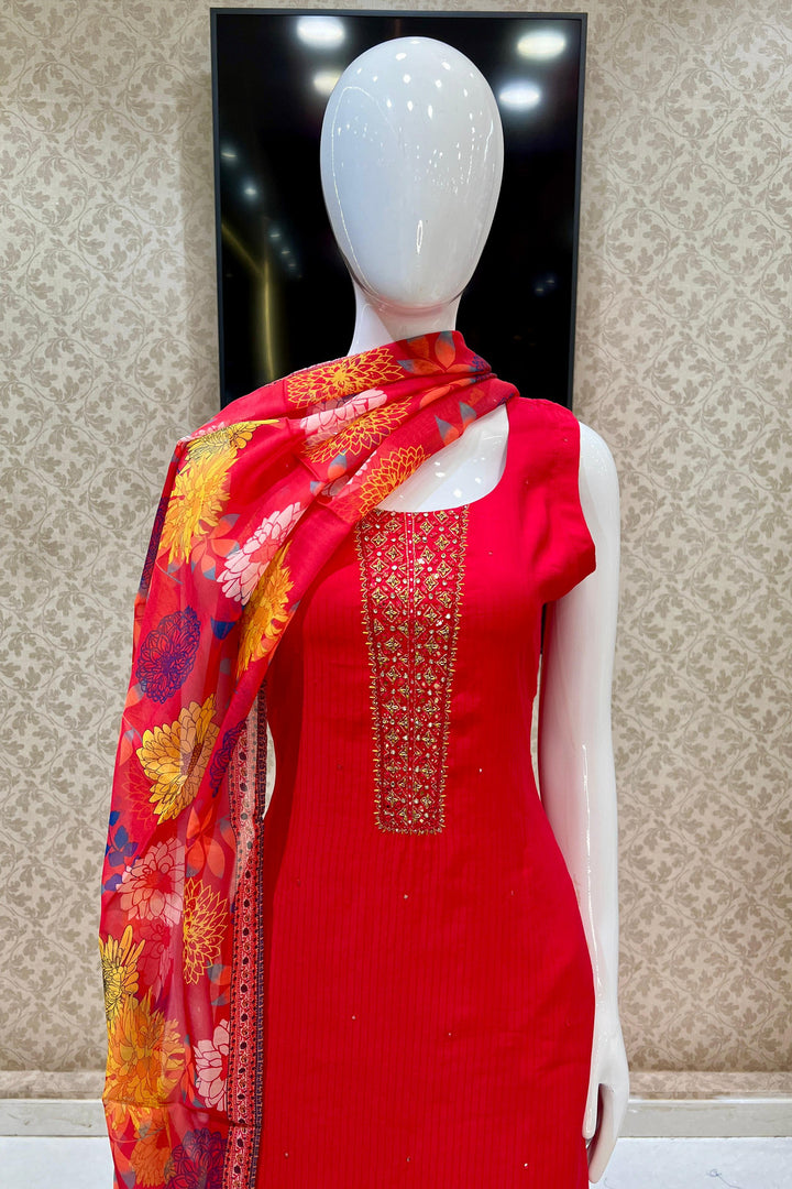 Red Mirror, Stone, Thread and Zari work Straight Cut Salwar Suit with Floral Print Dupatta