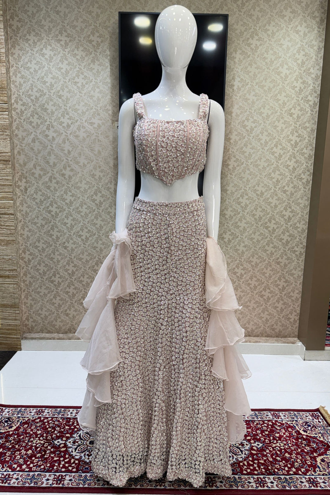 Pastel Peach Sequins and Beads work Fishcut Lehenga Set