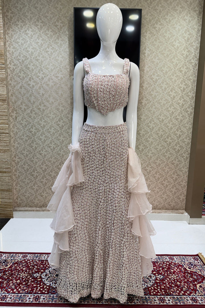 Pastel Peach Sequins and Beads work Fishcut Lehenga Set