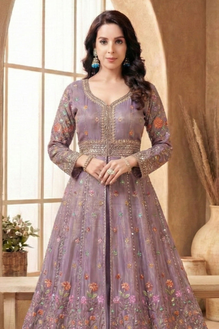 Purple Multicolor Embroidery, Sequins and Zari work Mastani Styled Palazzo Suit