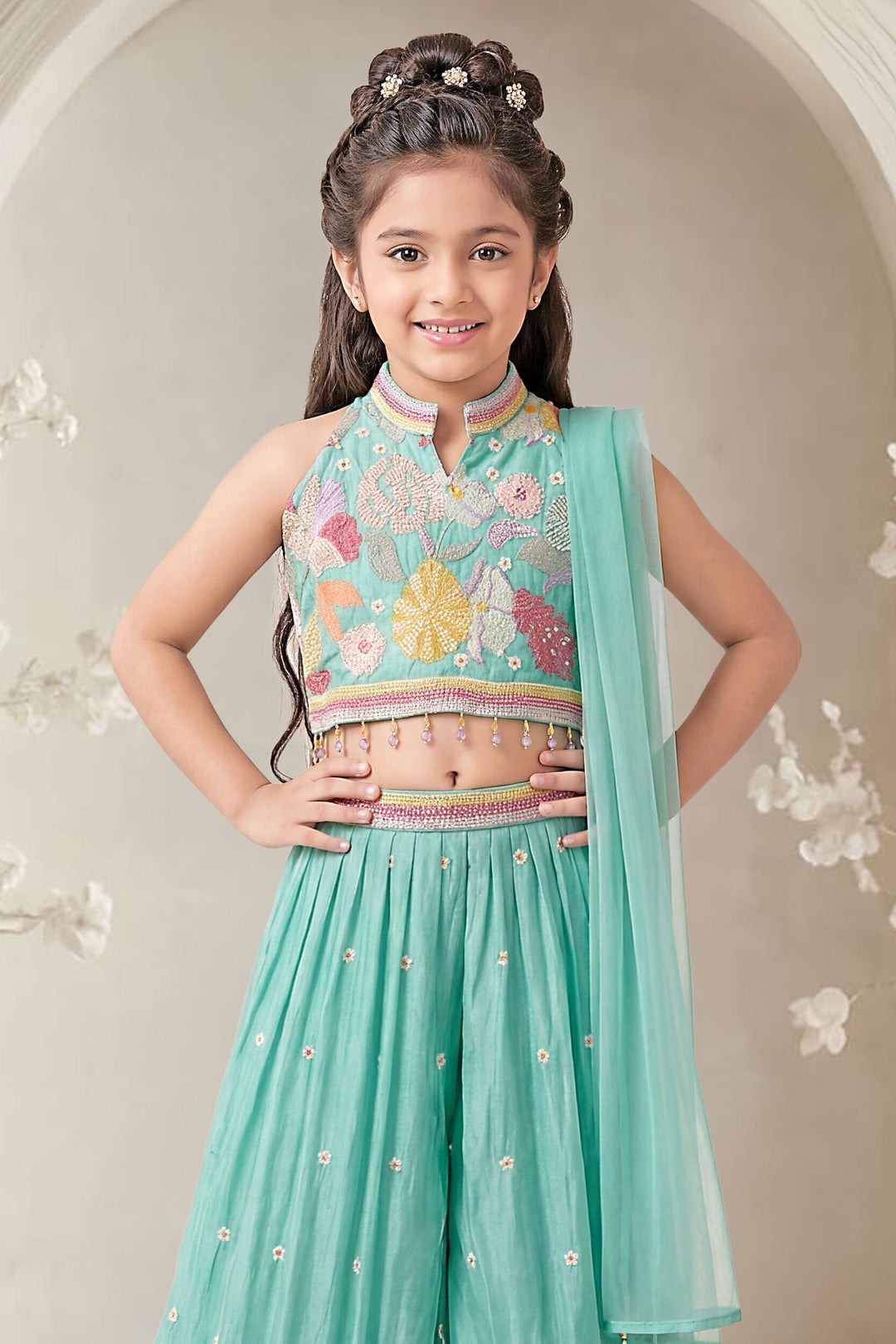 Sea Green Floral Embroidered Lehenga Set with Matching Dupatta for Girls