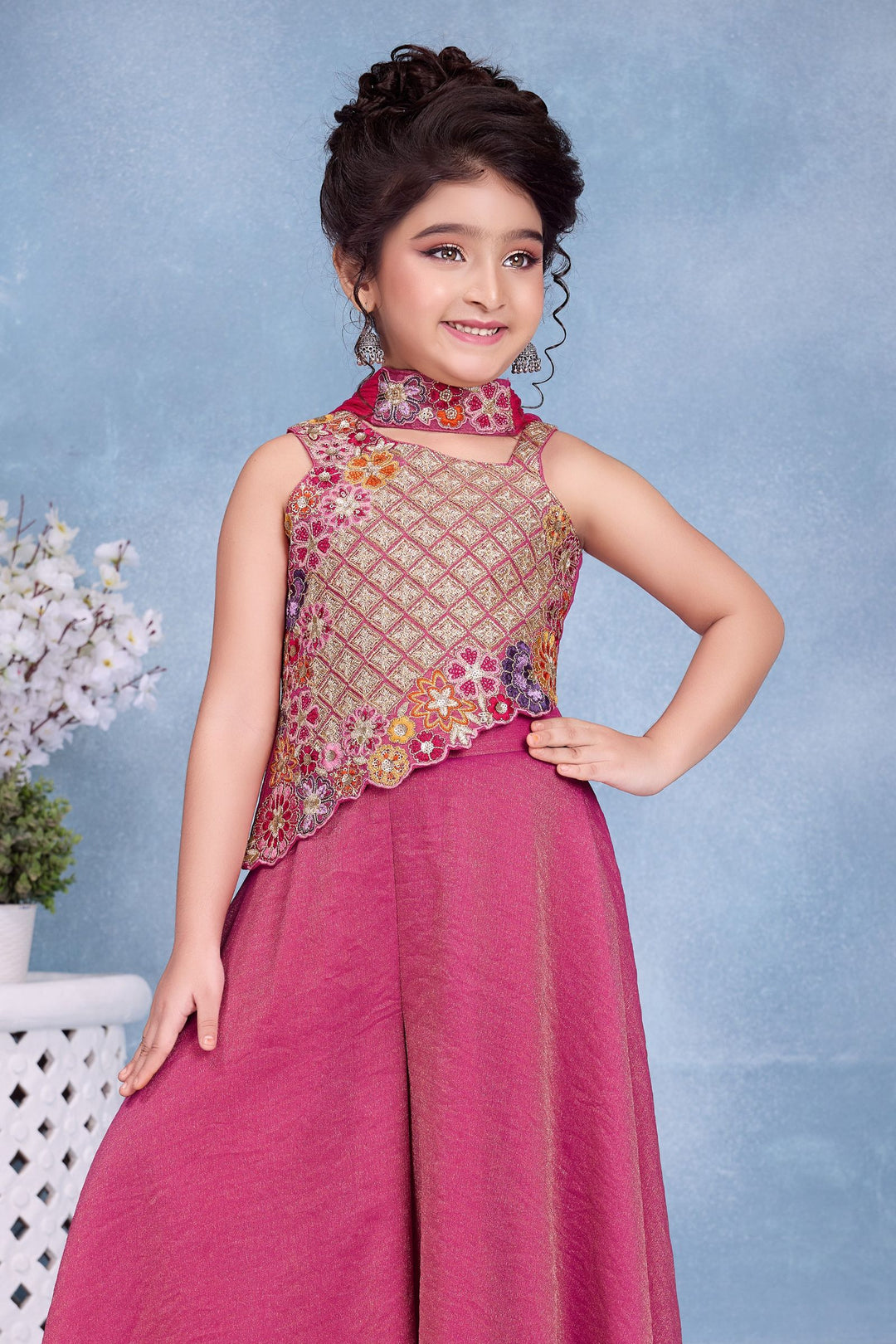 Tomato Red Multicolor Embroidery, Sequins, Zari and Beads work Palazzo Suit Set for Girls