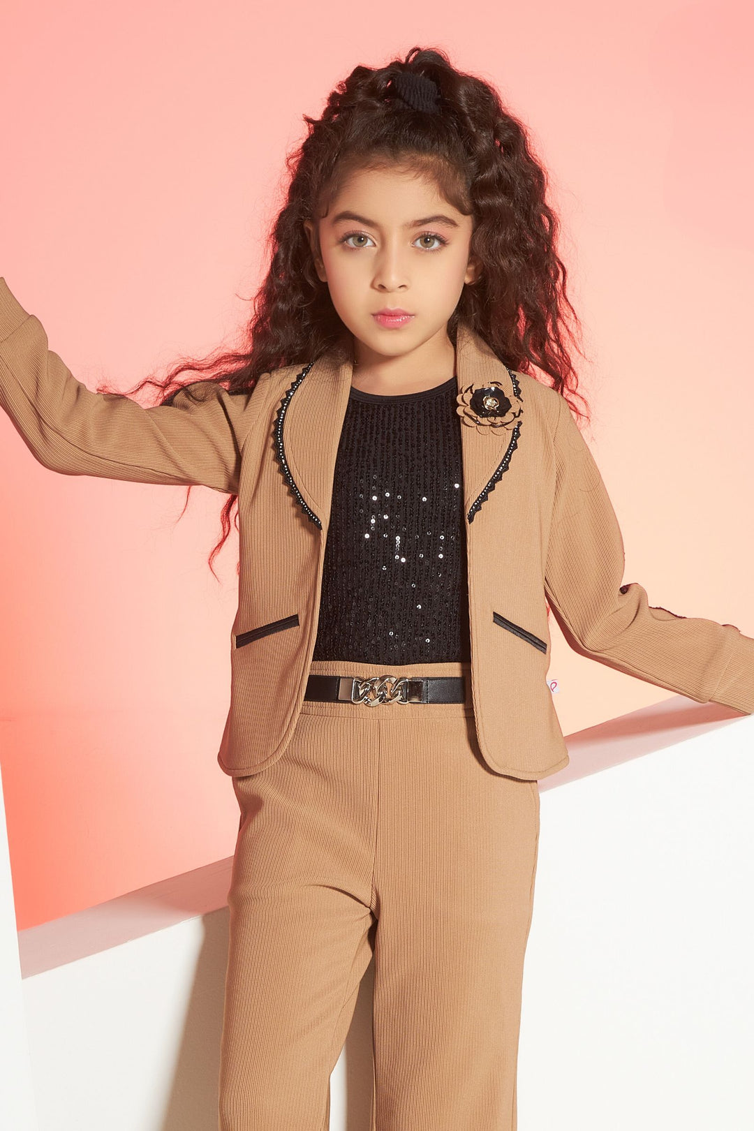 Fawn with Black Sequins work Overcoat Styled Top and Pant Set for Girls