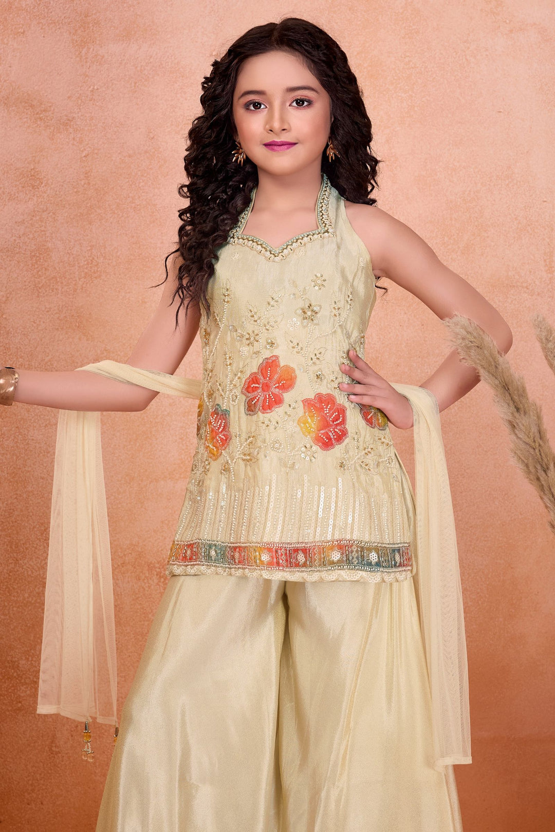 Cream Sequins, Beads and Zari work with Floral Print Palazzo Suit Set for Girls