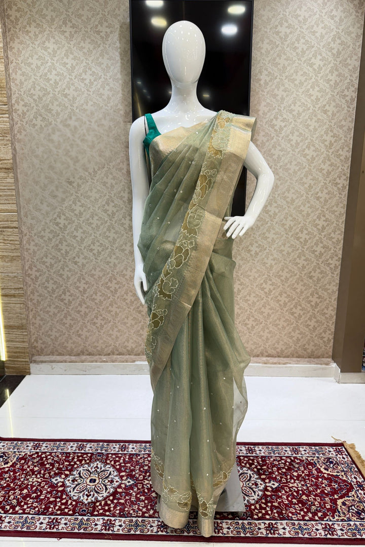 Pista Green Pearl and Thread work Saree