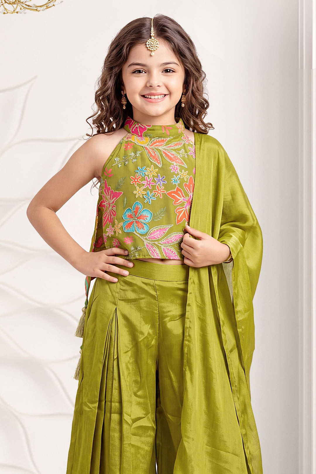 Green Girls Palazzo Set with Digital Print, Zari and Sequins work Halter Top