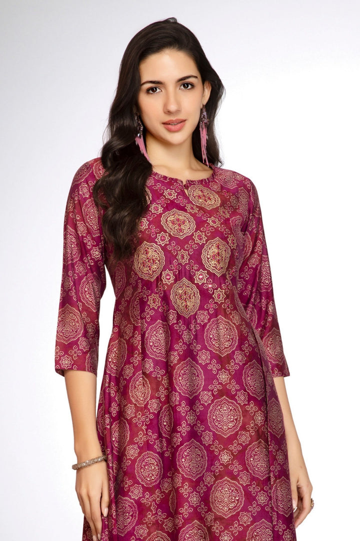 Purple Mirror and Thread work with Digital Print A-Line Cut Calf Length Kurti