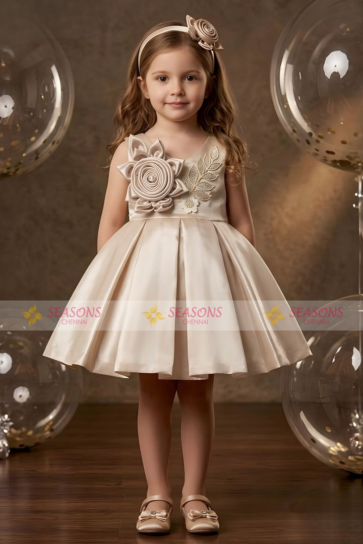 Beige Beads work Short Partywear Frock for Girls