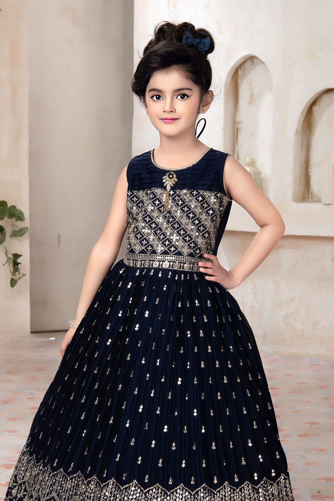 Blue Zari, Sequins and Stone work Long Party Gown for Girls