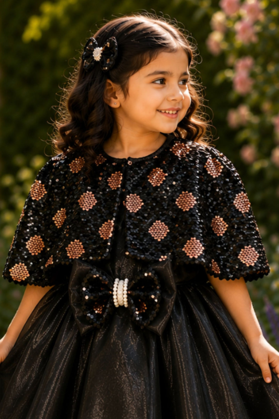 Black Sequins work Poncho Styled Short Partywear Frock for Girls
