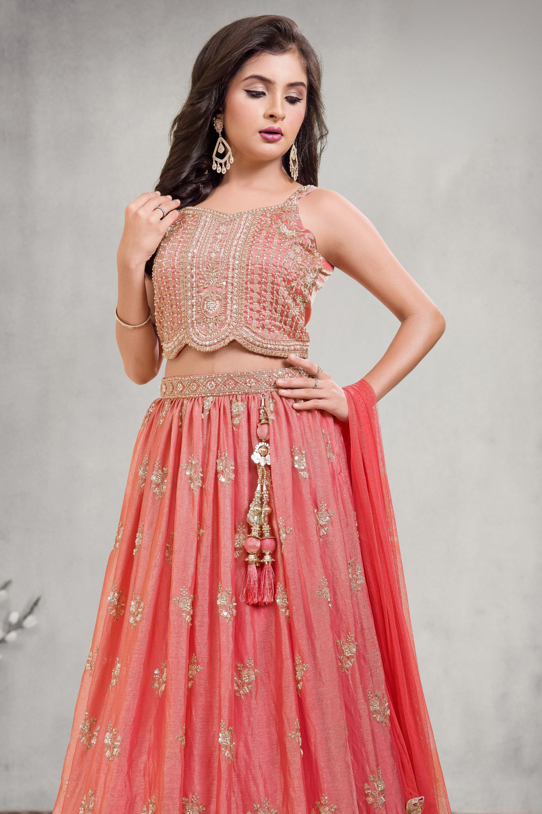 Peach Beads, Zari, Sequins and Pearl work Lehenga Choli for Girls