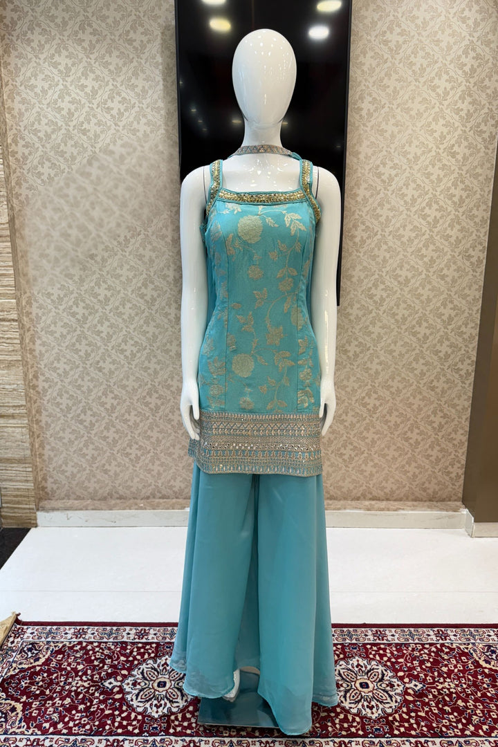 Light Blue Banaras Zari, Mirror, Zardozi, Sequins, Stone and Beads work Palazzo Salwar Suit