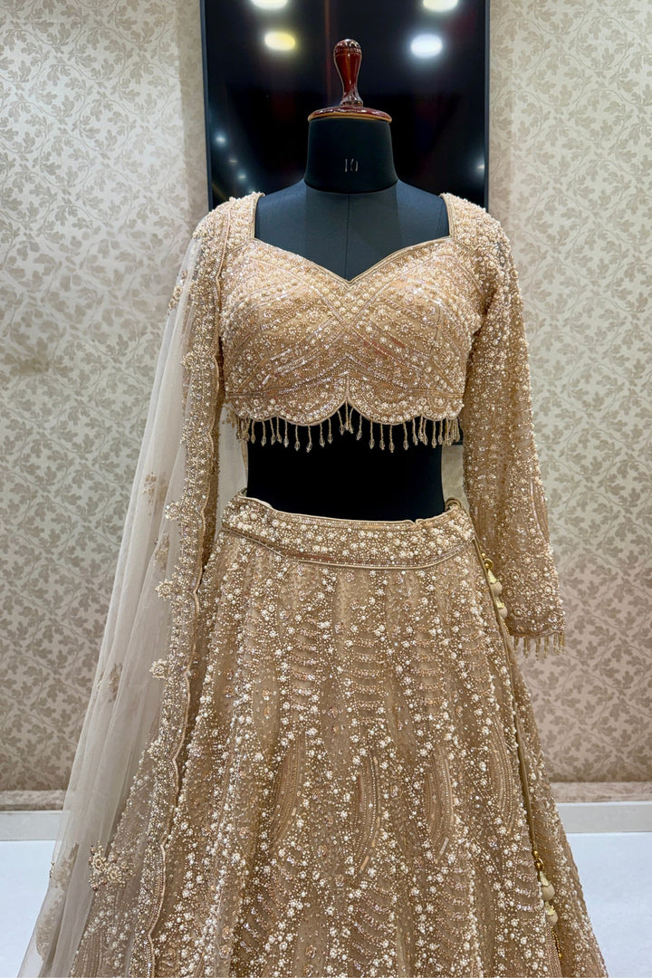 Beige Bridal Lehenga with Intricate Beads, Pearl and Sequins Work