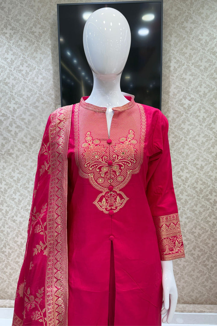Rani Pink Straight Cut Salwar Suit with Stone, Mirror and Banaras work