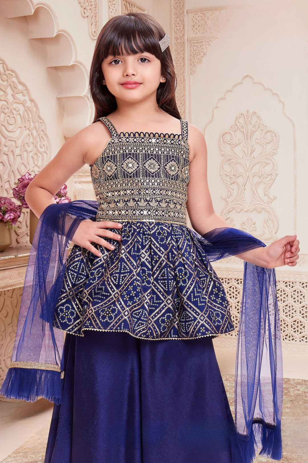 Royal Blue Sequins, Zari and Mirror work Peplum Styled Palazzo Suit Set for Girls