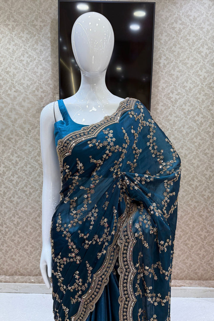 Teal Blue Beads, Zari and Sequins work Saree