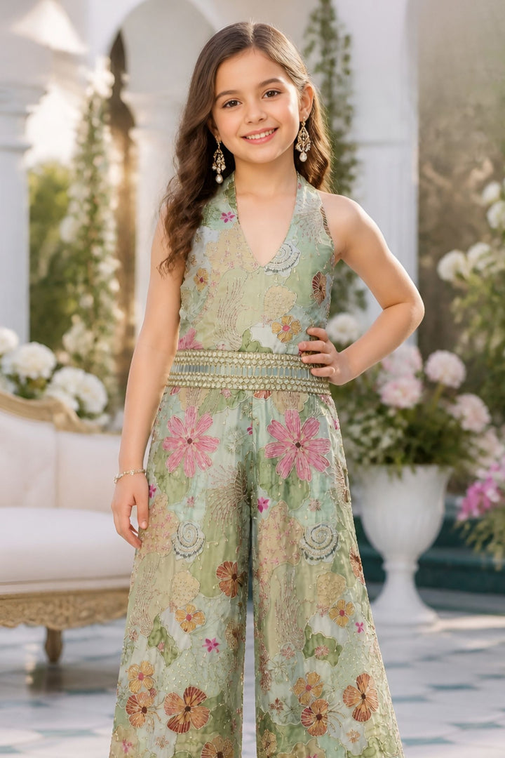 Sea Green Zari, Mirror and Sequins work with Floral Print Long Jumpsuit for Girls