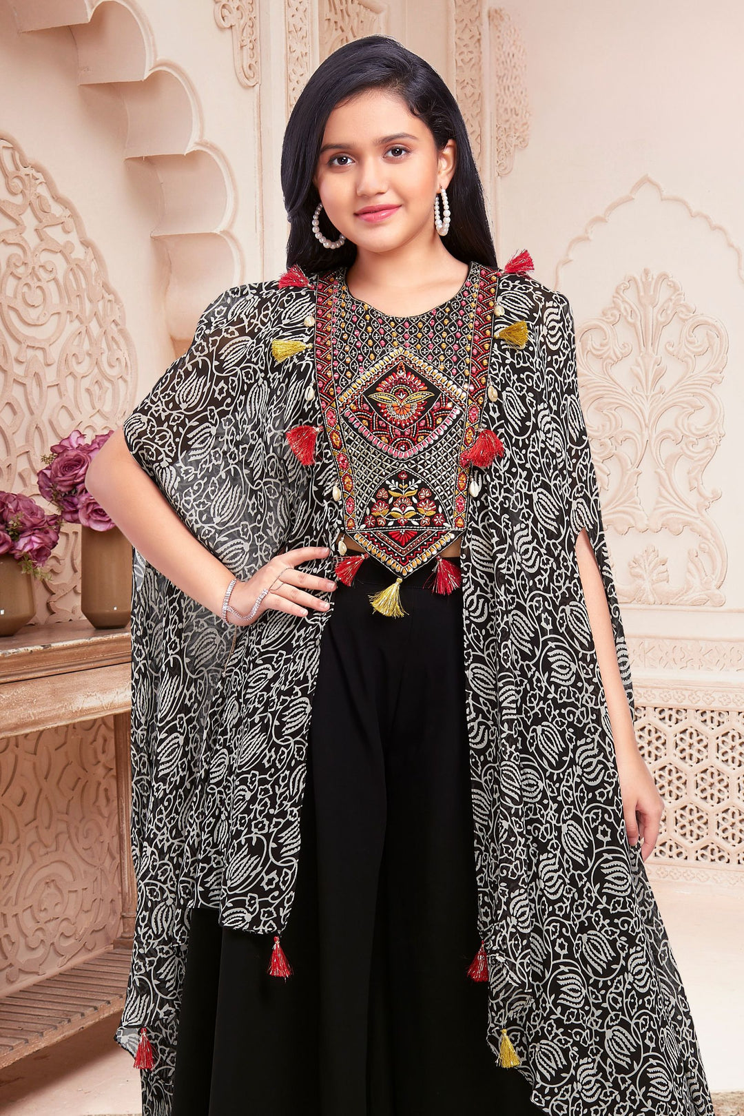 Black Multicolor Embroidery and Mirror work with Kaftan Styled Top and Palazzo Set for Girls