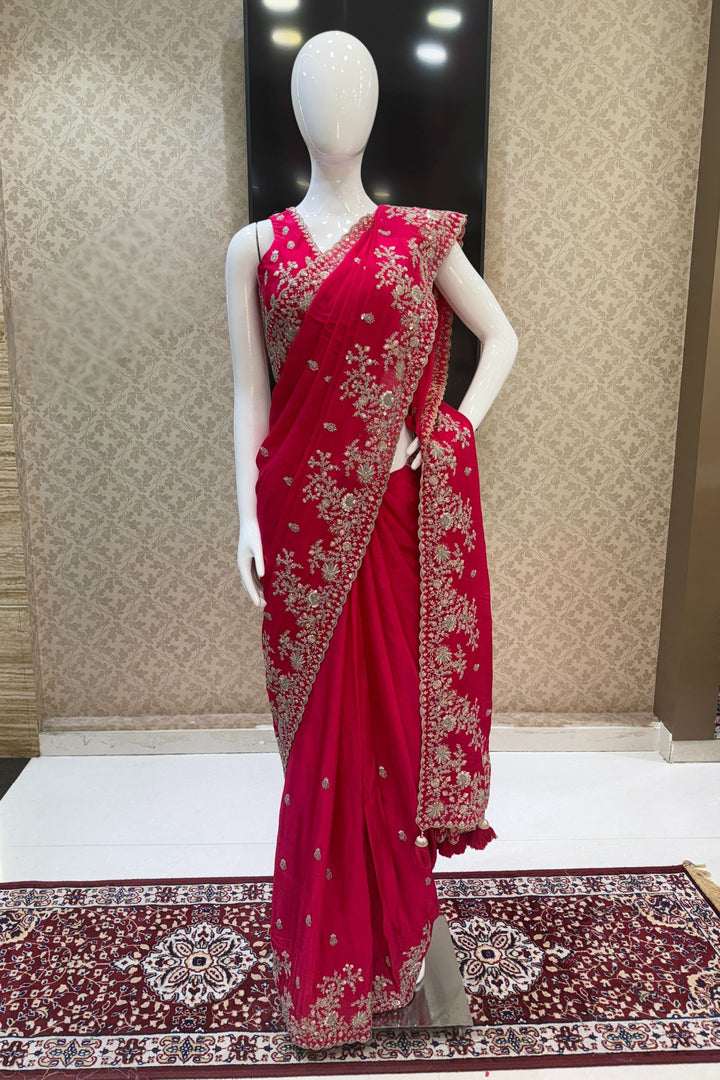 Rani Pink Zari and Sequins work Saree