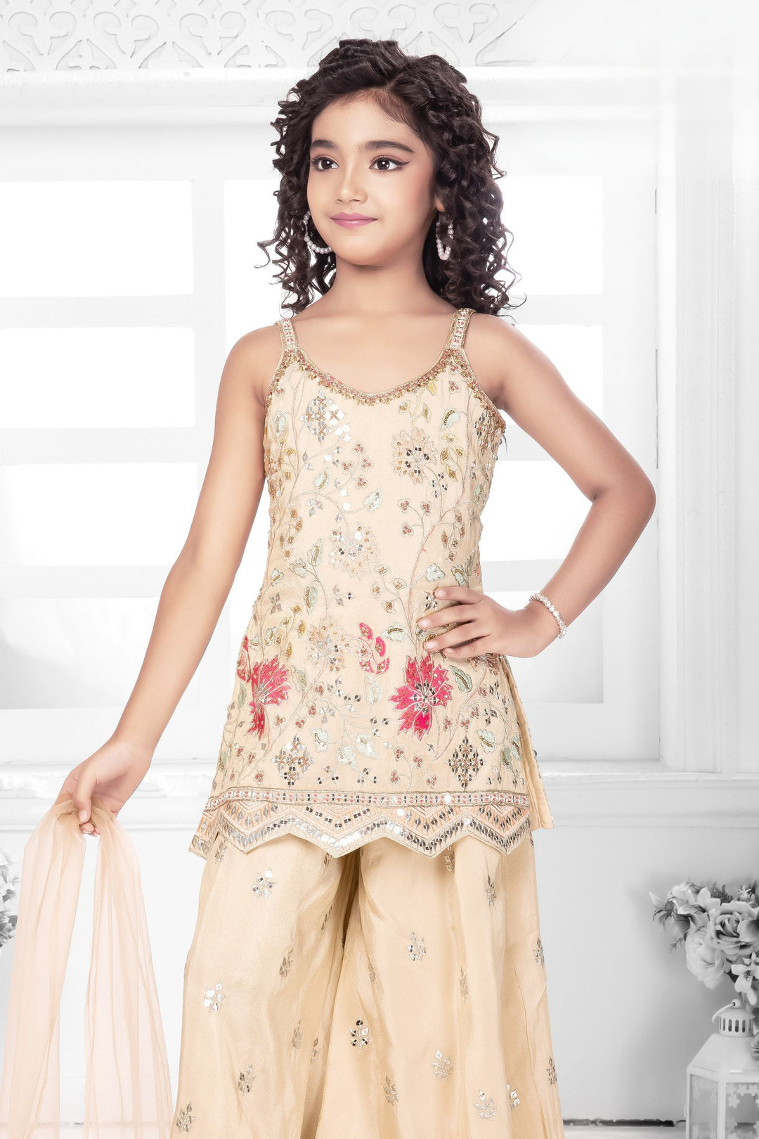 Beige Multicolor Embroidery, Sequins, Zari and Beads work Palazzo Set For Girls