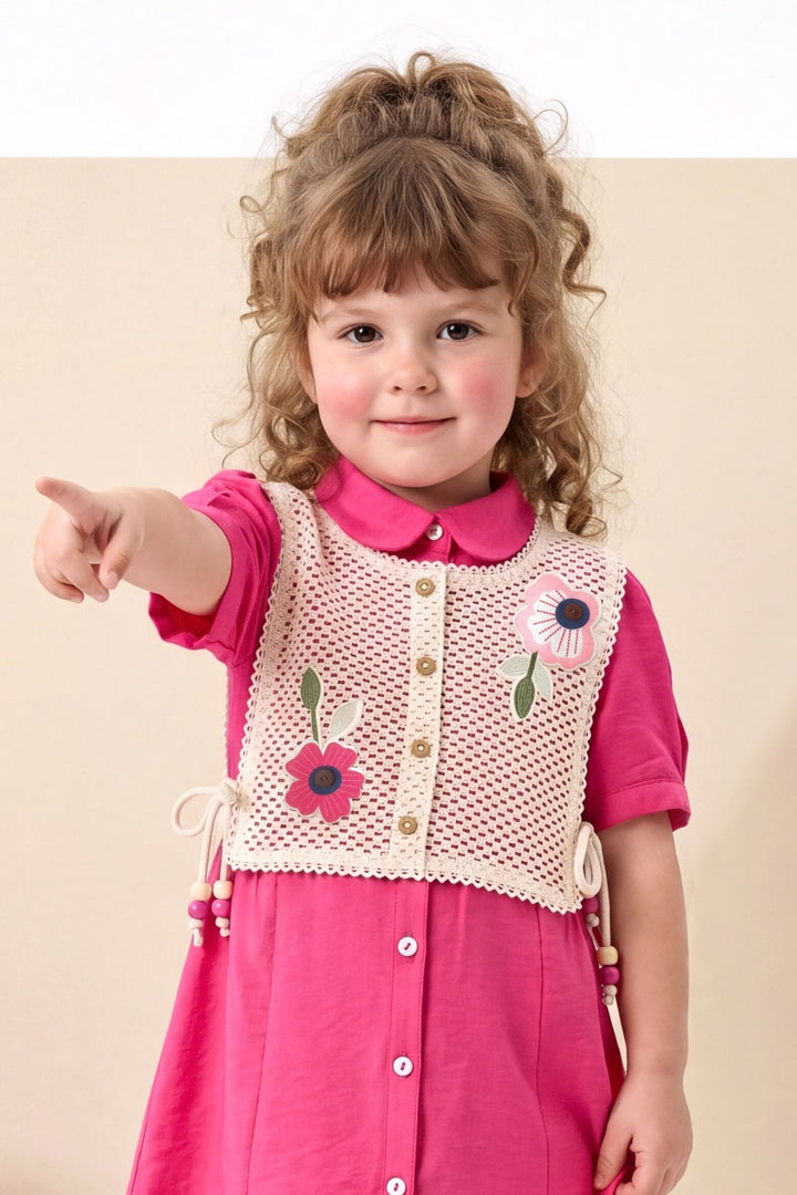 Pink with Cream Jacket Styled Short Frock for Girls