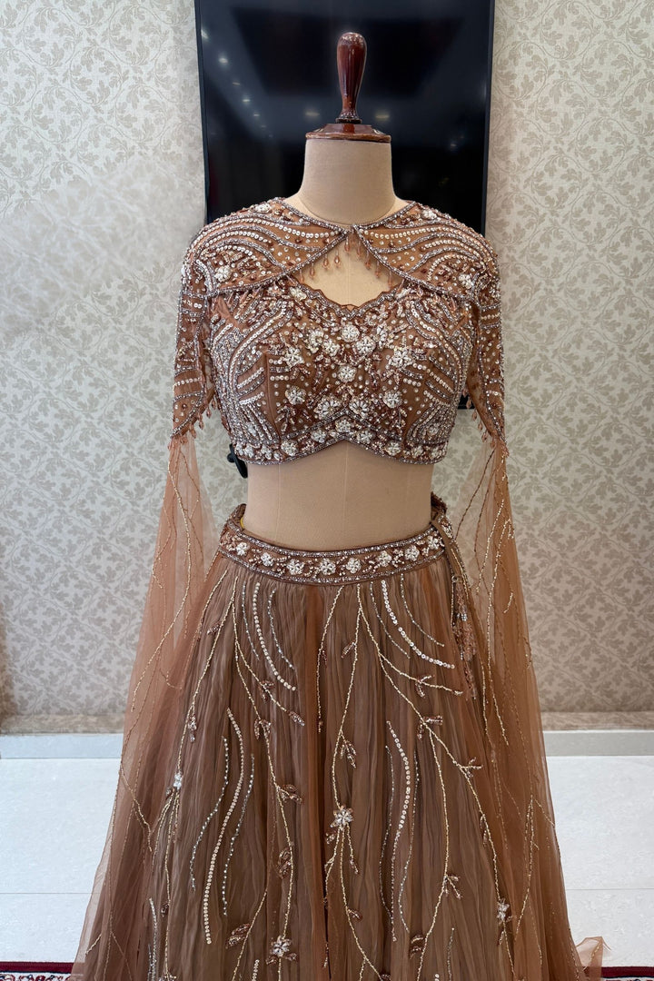 Designer Copper Brown Lehenga with Intricate Beads, Stone and Sequins work