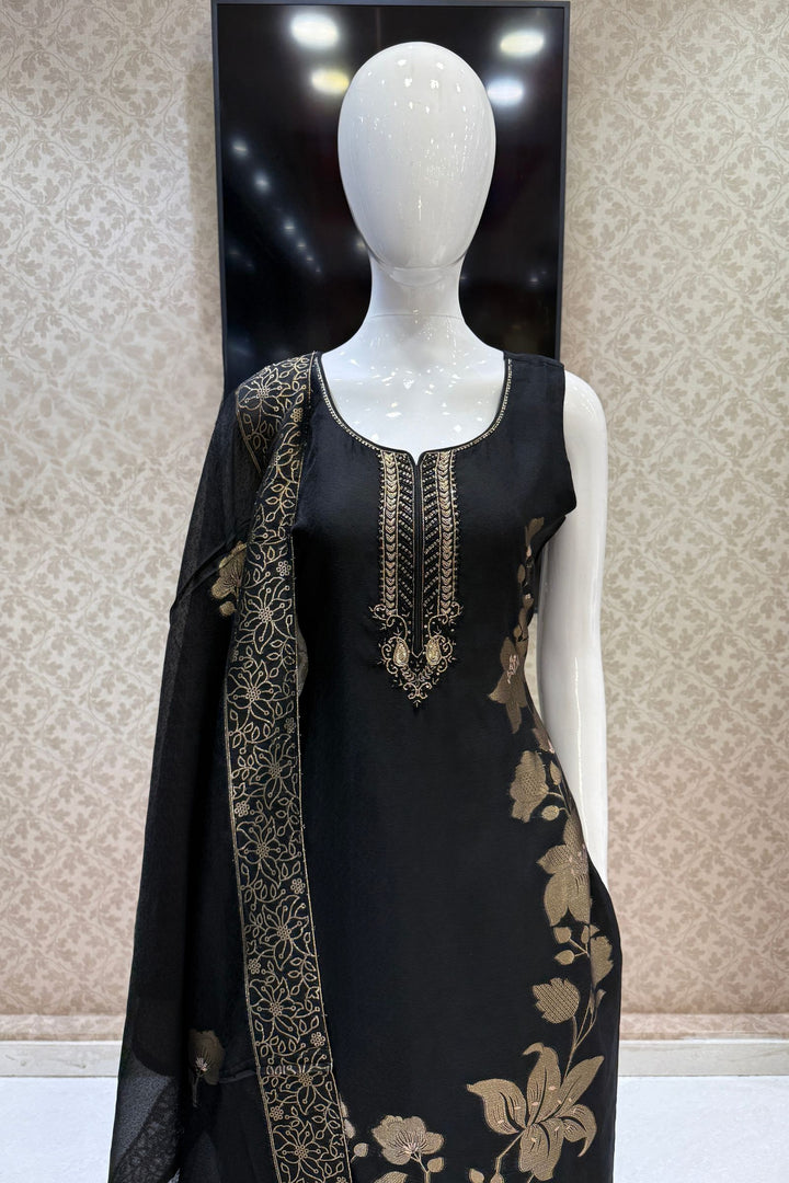 Black Jacquard, Zari, Sequins, Beads and Zardozi work Straight Cut Salwar Suit