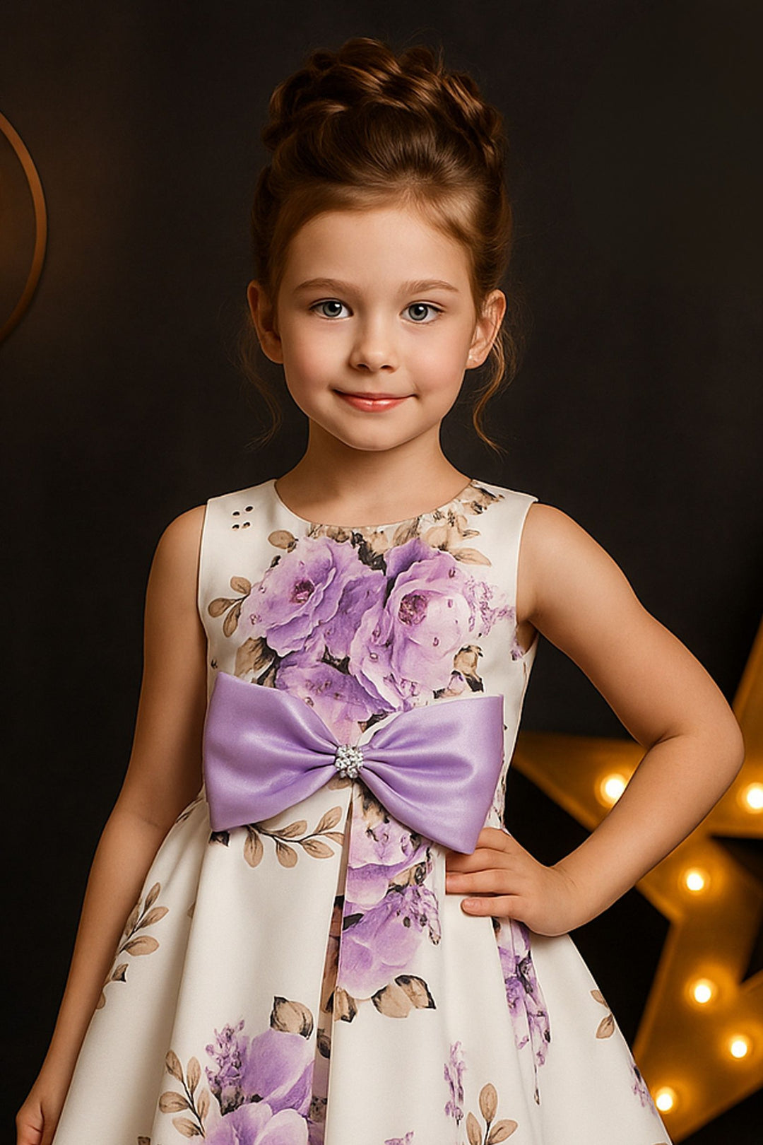 Half White Stone work with Floral Print Short Partywear Frock for Girls