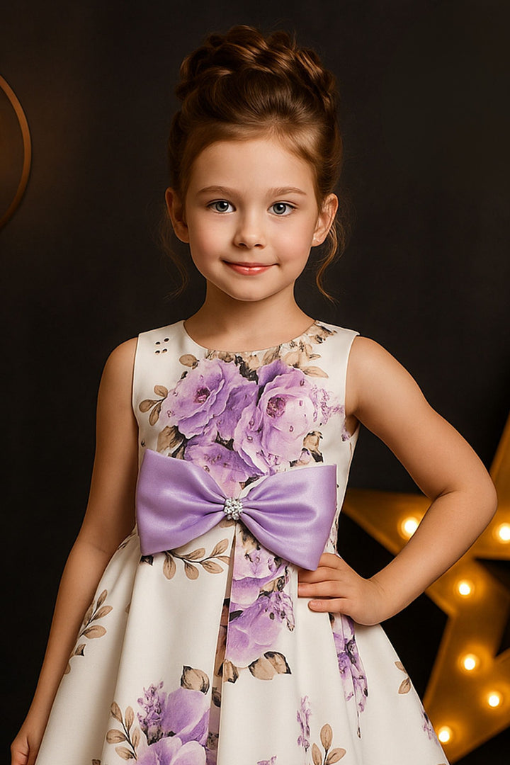 Half White Stone work with Floral Print Short Partywear Frock for Girls