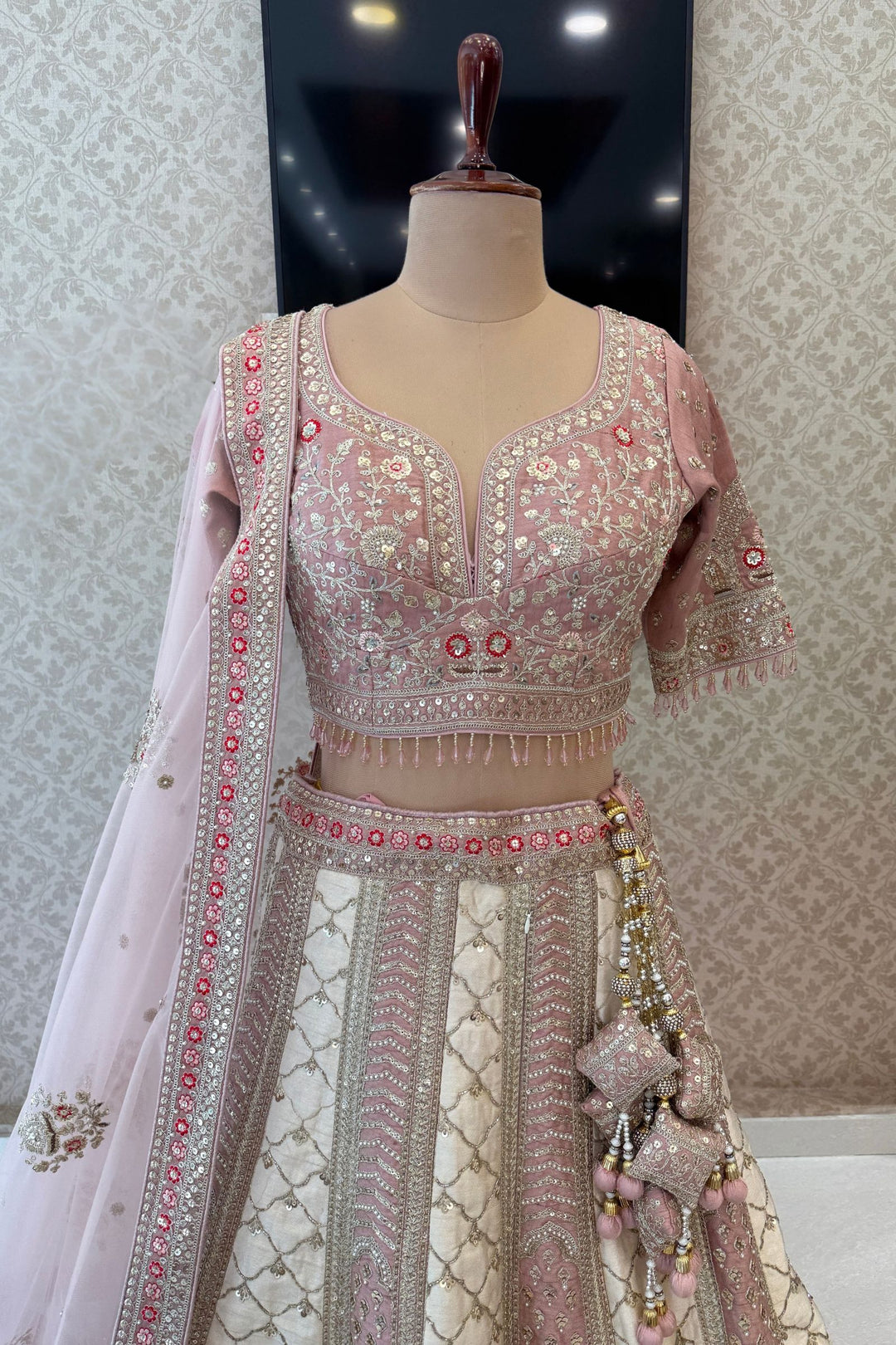 Cream and Blush Pink Bridal Lehenga with Intricate Sequins, Zari, Pearl, Beads and Stone