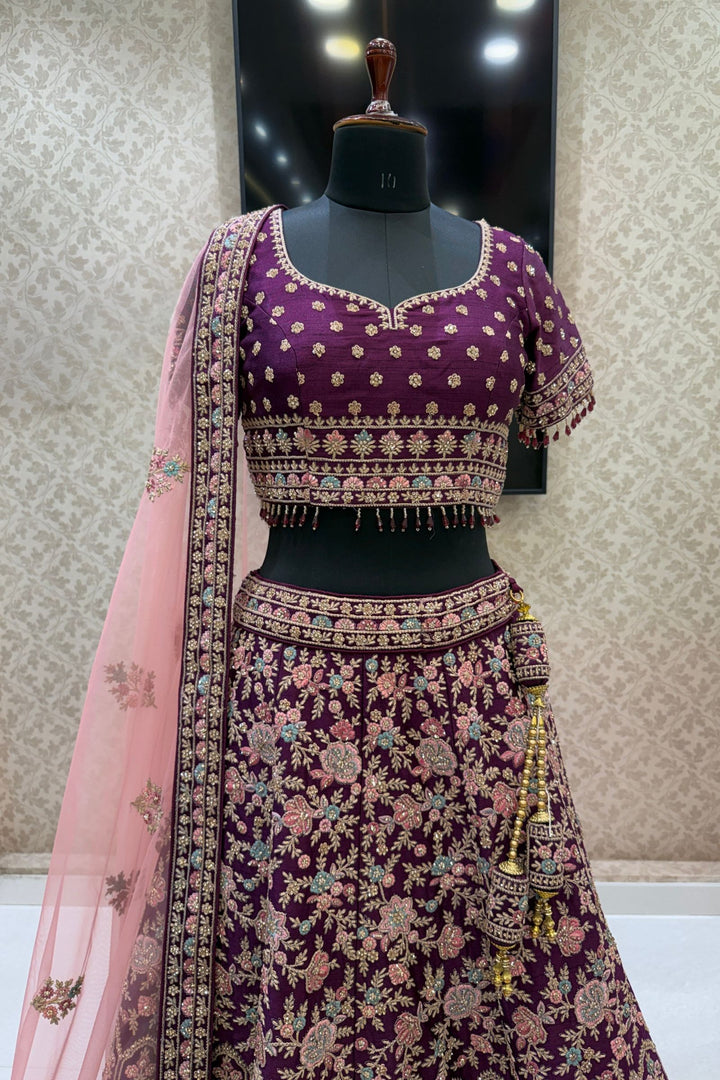Designer Bridal Wine Lehenga with Rich Multicolor Embroidery, Stone and Beads Work