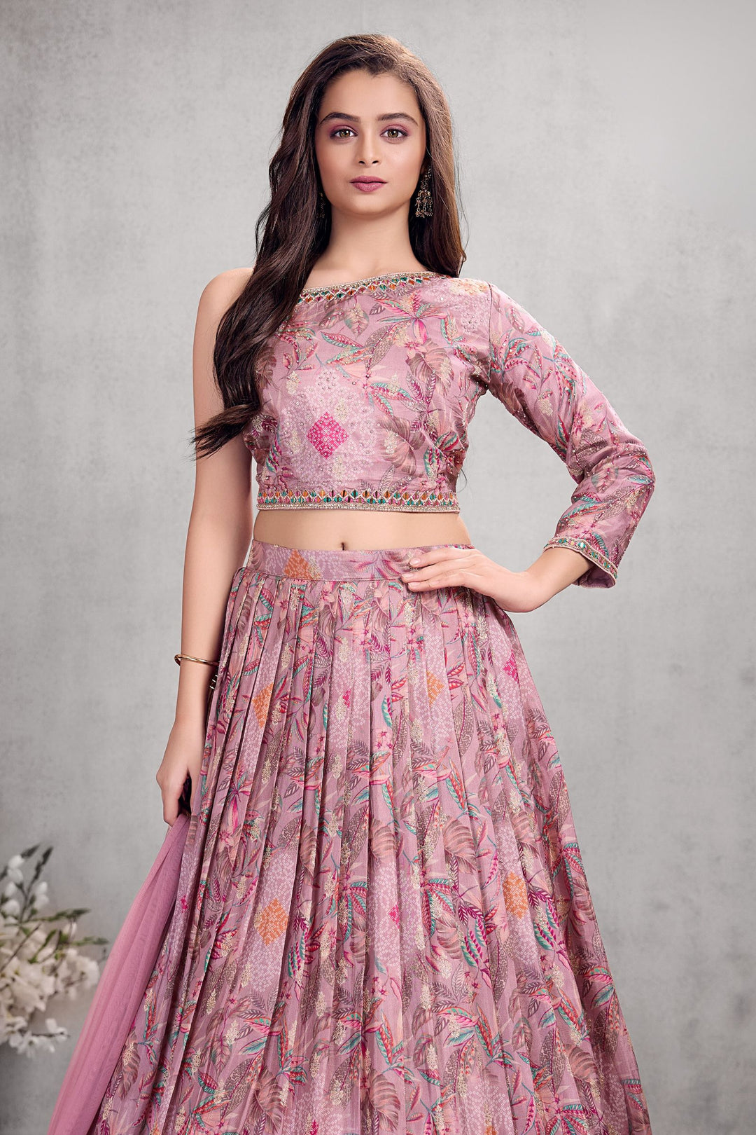 Lilac Mirror, Sequins and Zari work with Multicolor Digital Print Lehenga Choli for Girls