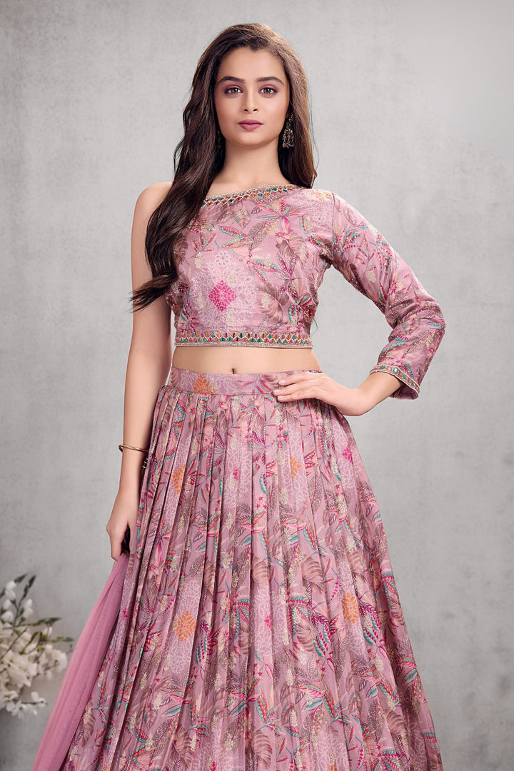 Lilac Mirror, Sequins and Zari work with Multicolor Digital Print Lehenga Choli for Girls