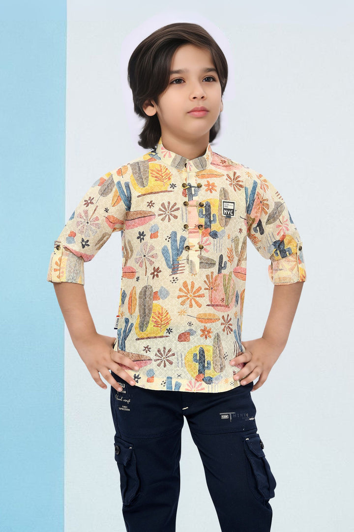 Cream with Multicolor Digital Print Casual wear Shirt and Blue Pant Set for Boys