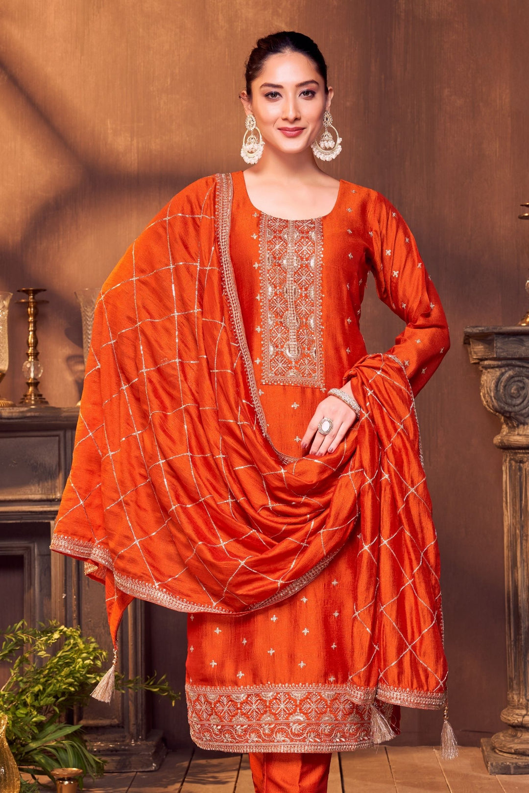 Orange Sequins, Zari and Beads work Straight Cut Salwar Suit