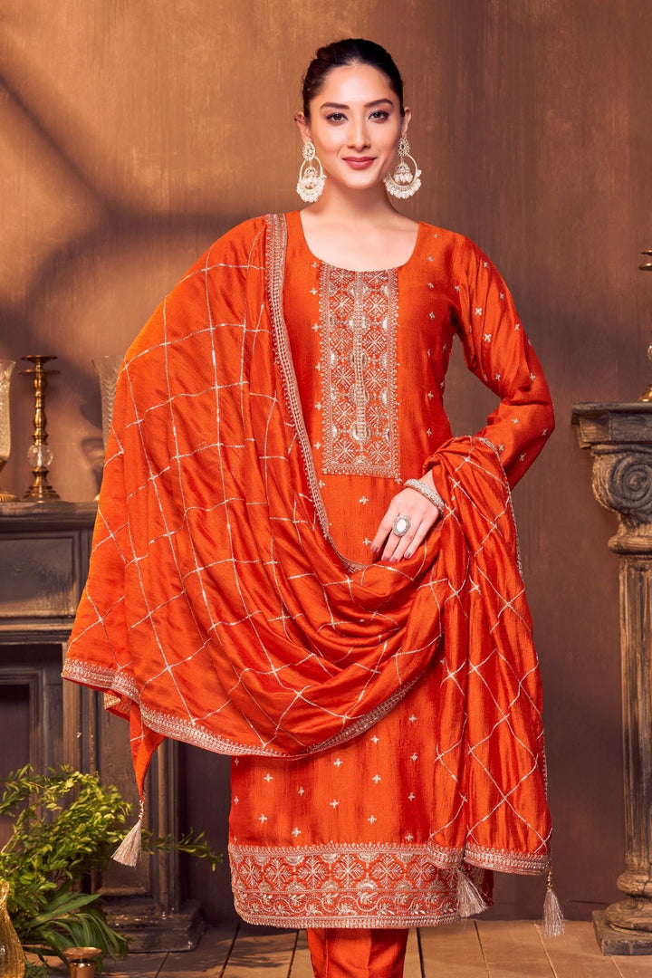 Orange Sequins, Zari and Beads work Straight Cut Salwar Suit