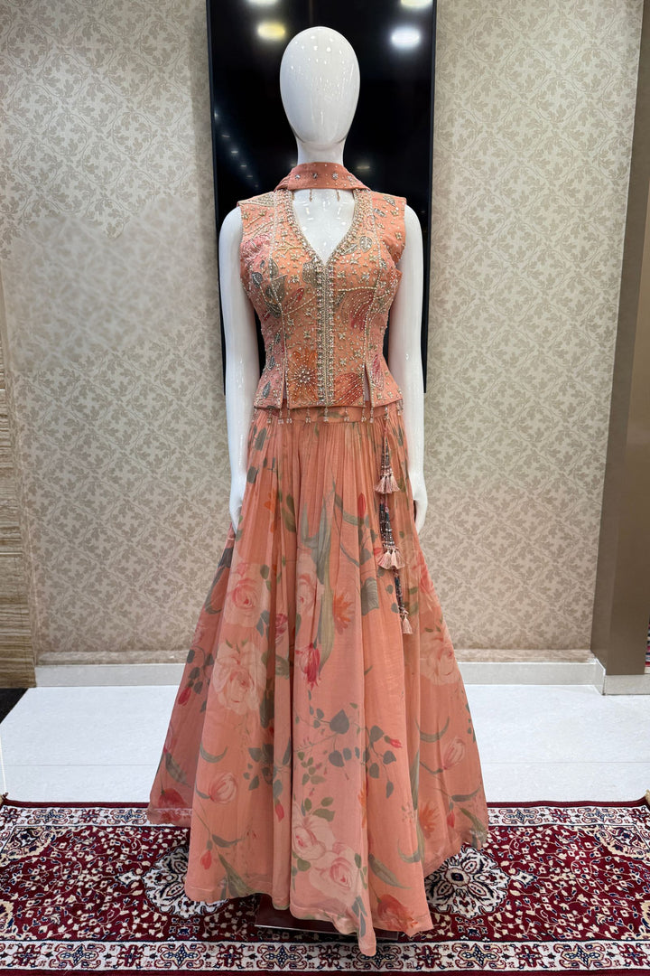 Peach Beads, Mirror and Zardozi work with Digital Print Peplum Style Lehenga