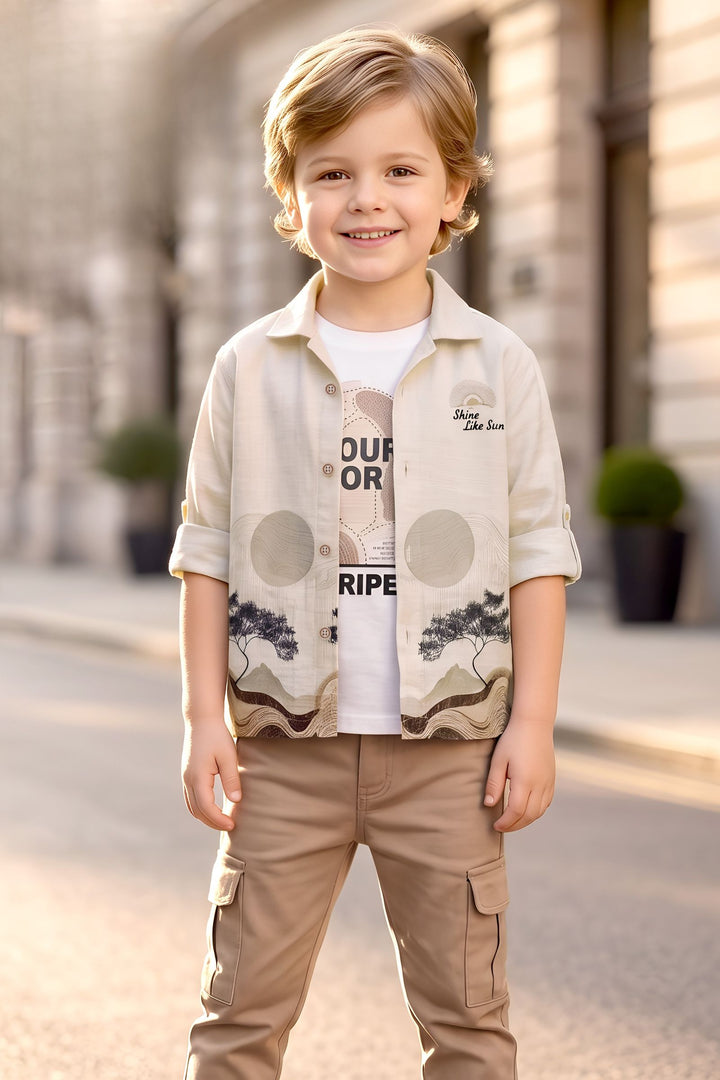 Fawn with Light Brown Blazer, Printed T-Shirt and Pant Set for Boys