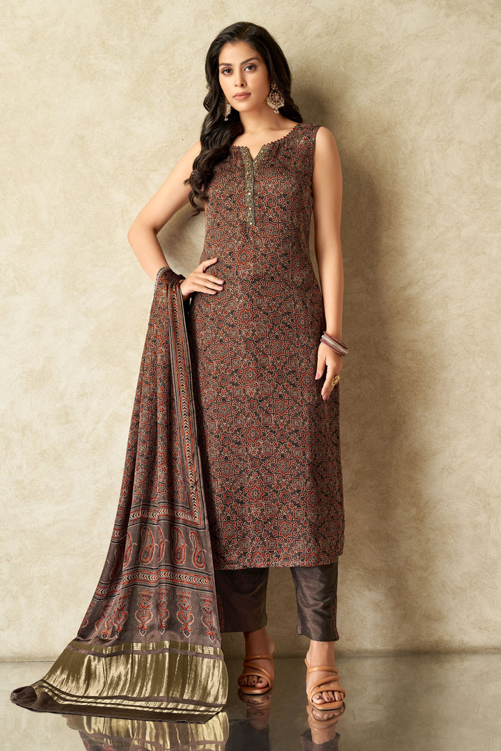 Brown Zardozi, Mirror, Stone and Beads work with Ajrakh Print Straight Cut Salwar Suit