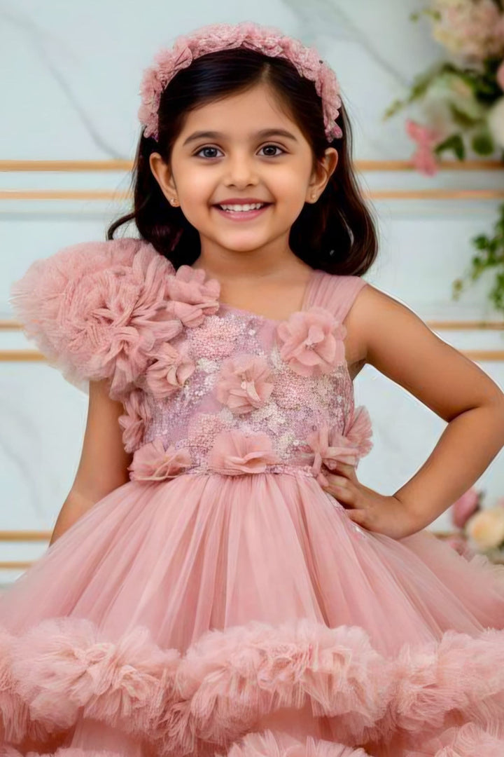 Onion Pink Beads, Sequins and Zari Thread work Tail Cut Double Layered Partywear Frock for Girls