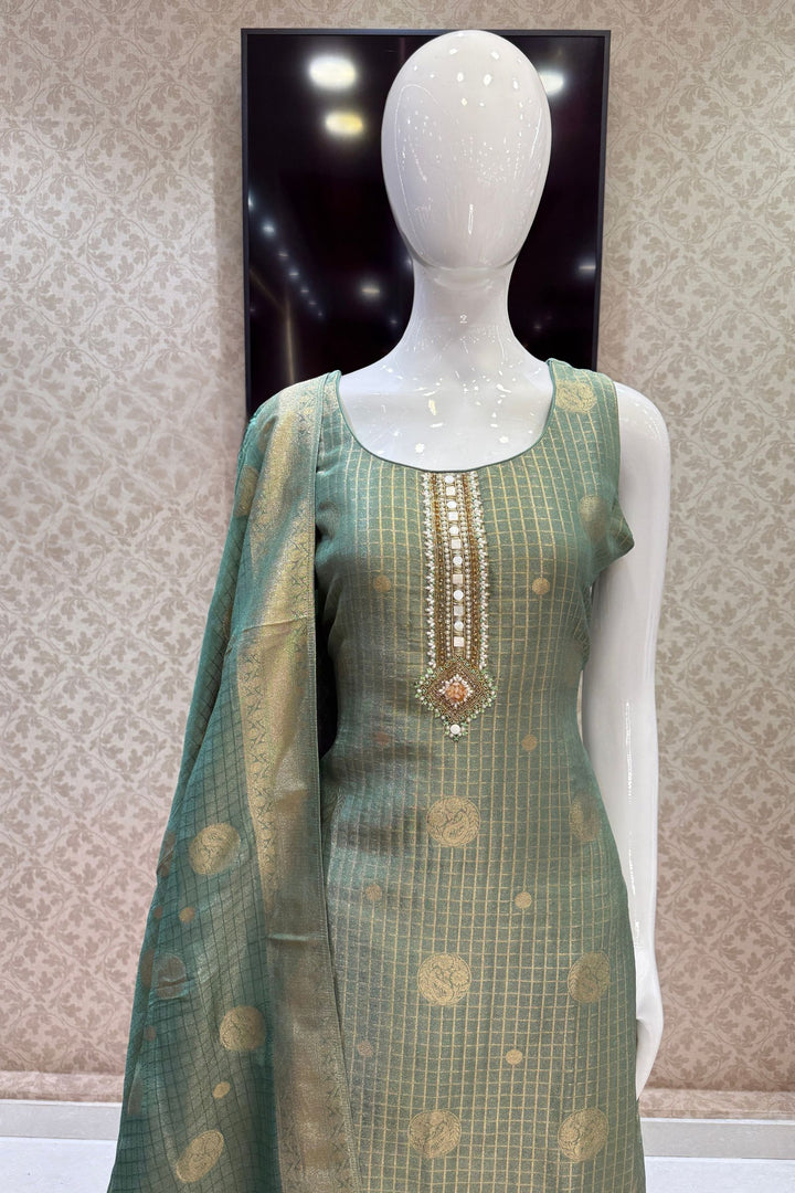 Sea Green Banaras, Beads, Pearl, Zardozi, Thread and Mirror work Straight Cut Salwar Suit