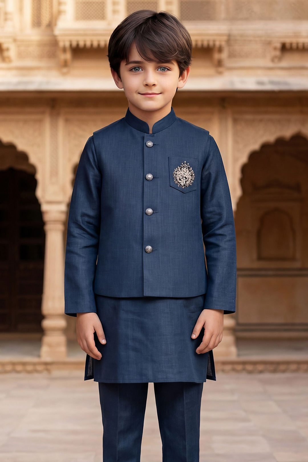 Dark Blue Zardozi work Waist Coat Kurta Set for Boys