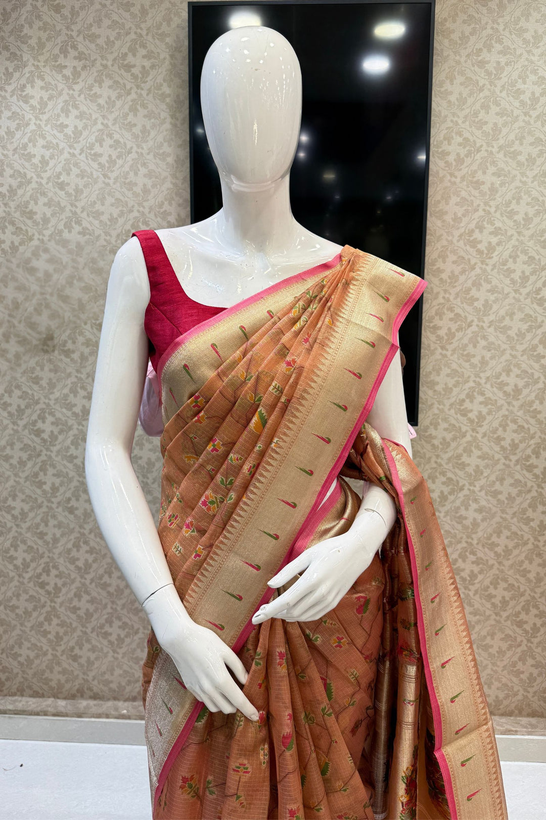 Orange Banaras and Zari Weaving work Saree
